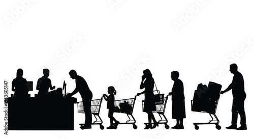 Vector graphic illustration depicting diverse customers patiently queuing at busy supermarket checkout counters