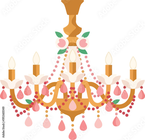 Elegant vintage chandelier illustration with pink crystals and floral accents for luxury decor