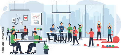 Diverse group of office workers engaged in various activities promoting health and wellness in the workplace.