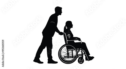 Vector illustration depicting a man providing compassionate assistance by pushing a woman in a wheelchair graphic design.
