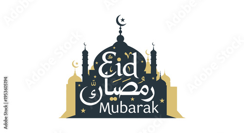 A colorful eid mubarak greeting featuring a mosque and crescent moon silhouette high quality professional detailed
