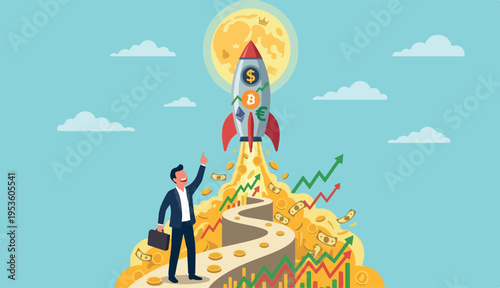 Trading stock crypto price rising we high moon, crypto currency soaring sky rocket, make profit success investment how, rocket stock crypto currency graph flying high moon.