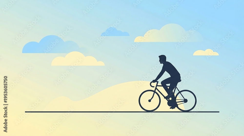 Fototapeta premium Minimalist vector illustration of a male cyclist silhouette riding a bicycle at sunset against a cloudy sky background