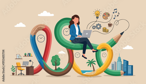 Flexible work, remote work anywhere anytime, employee choice or choose time location productivity creativity concept, cheerful woman enjoy working with computer laptop flex bent pencil.