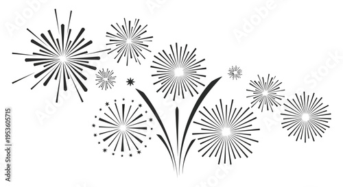 A celebratory burst of fireworks illuminates a dark night sky rendered as a striking silhouette