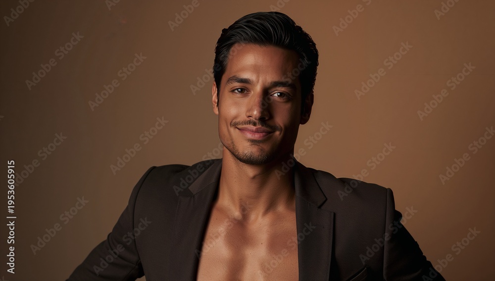 Fototapeta premium Smiling male model posing in studio, wearing open dark blazer revealing bare chest, brown backdrop
