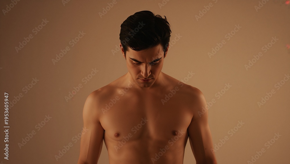 Fototapeta premium Standing bare-chested man bowing head and gazing downward in studio with warm beige backdrop