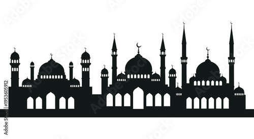 A striking black silhouette of an islamic architectural skyline with minarets and domes silhouette high quality