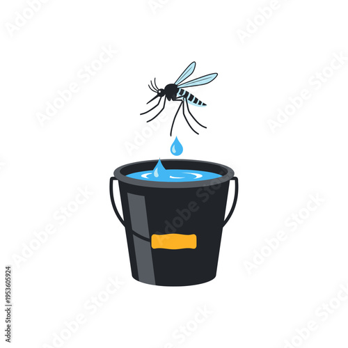 Mosquito flying over water bucket, a source of breeding