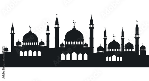 A striking black silhouette of a mosque complex with multiple domes and minarets silhouette high quality