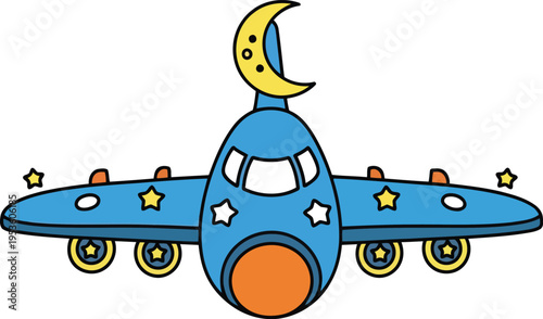 Cute Cartoon Airplane with Moon and Stars for Kids, Colorful Vector Illustration Isolated on White