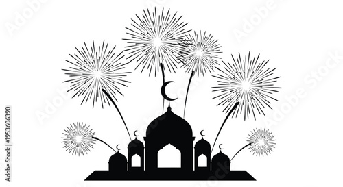 Islamic architecture and vibrant fireworks display against a night sky rendered as a silhouette high quality