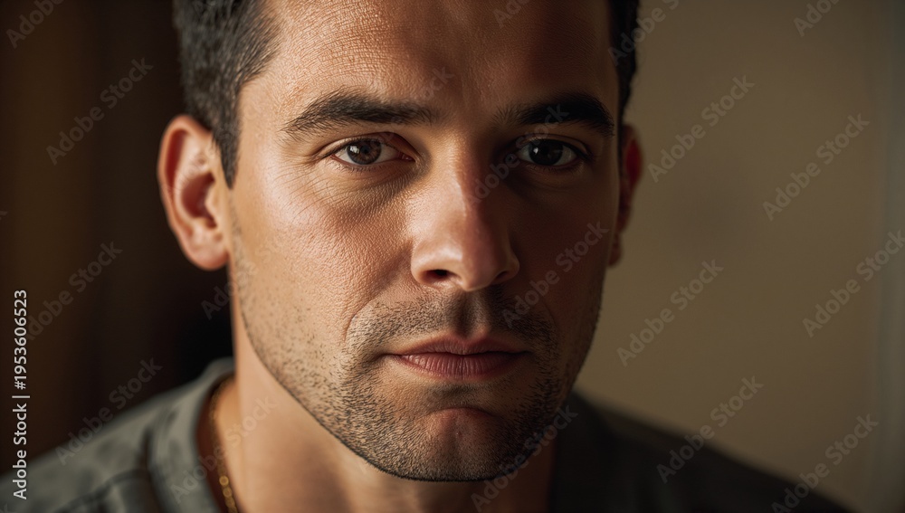 Fototapeta premium Gazing steadily toward camera, man with stubble wearing grey shirt and thin gold chain in studio