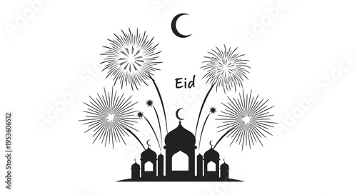 Festive eid celebration with fireworks and mosque silhouettes against a crescent moon silhouette high quality professional