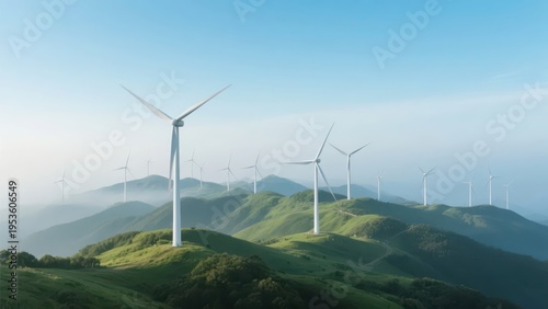 Wind turbine clusters stand among green mountains shrouded in morning mist, with clear sky blending into greenery, presenting a fresh and tranquil clean energy landscape, making it a material image su