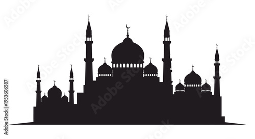 A striking black silhouette of a mosque complex against a blurred city skyline silhouette high quality