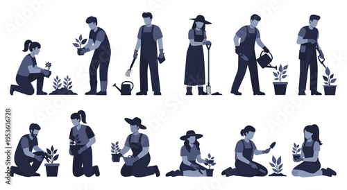 Gardeners planting and caring for trees silhouette illustration collection