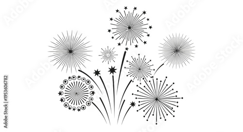 Black and white illustration depicting a burst of fireworks with radiating sparks a striking silhouette