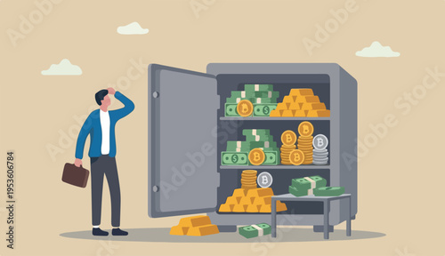 Alternative financial assets, crypto currency bitcoin, cash an gold for investment retirement plan concept, businessman investor standing with security safe with full cash, gold bitcoin inside.