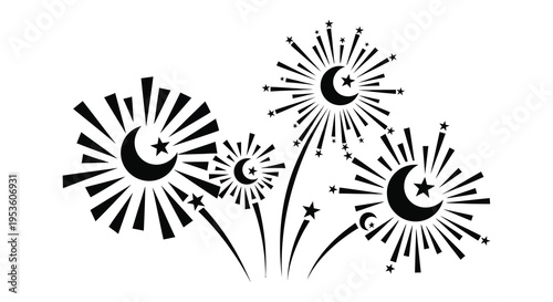 A radiant depiction of crescent moons and bursting fireworks presented in a striking silhouette high quality