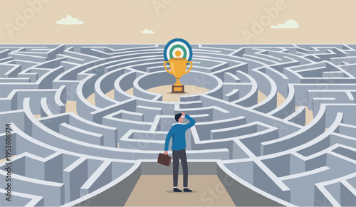 Path, solve problem or business decision concept, contemplation businessman finding the way in labyrinth to reach target.