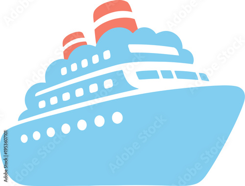 Vector illustration of cruise ship icon in blue and red for travel, tourism, and vacation design