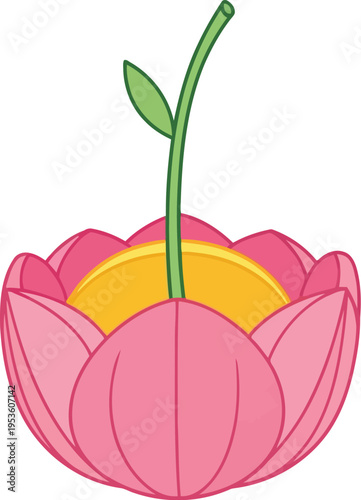 Pink lotus flower with gold coin illustration for prosperity, wealth, and Asian festival designs