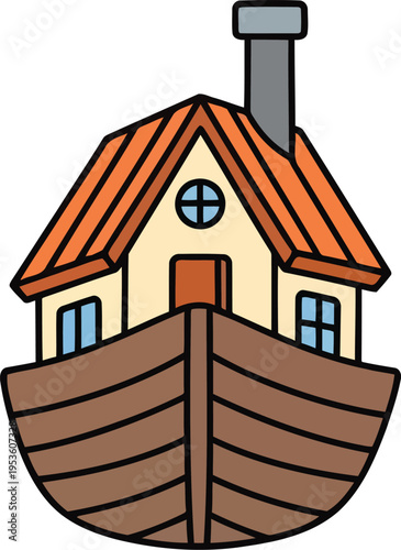 Cartoon houseboat illustration with chimney and wooden hull for children’s books and educational materials