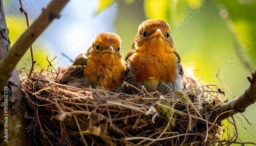 Close-up of two fledgling birds with orange breasts, perched in a nest crafted from twigs, amidst green leaves and sunlight