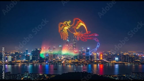 drones display bird shape over cityscape at night