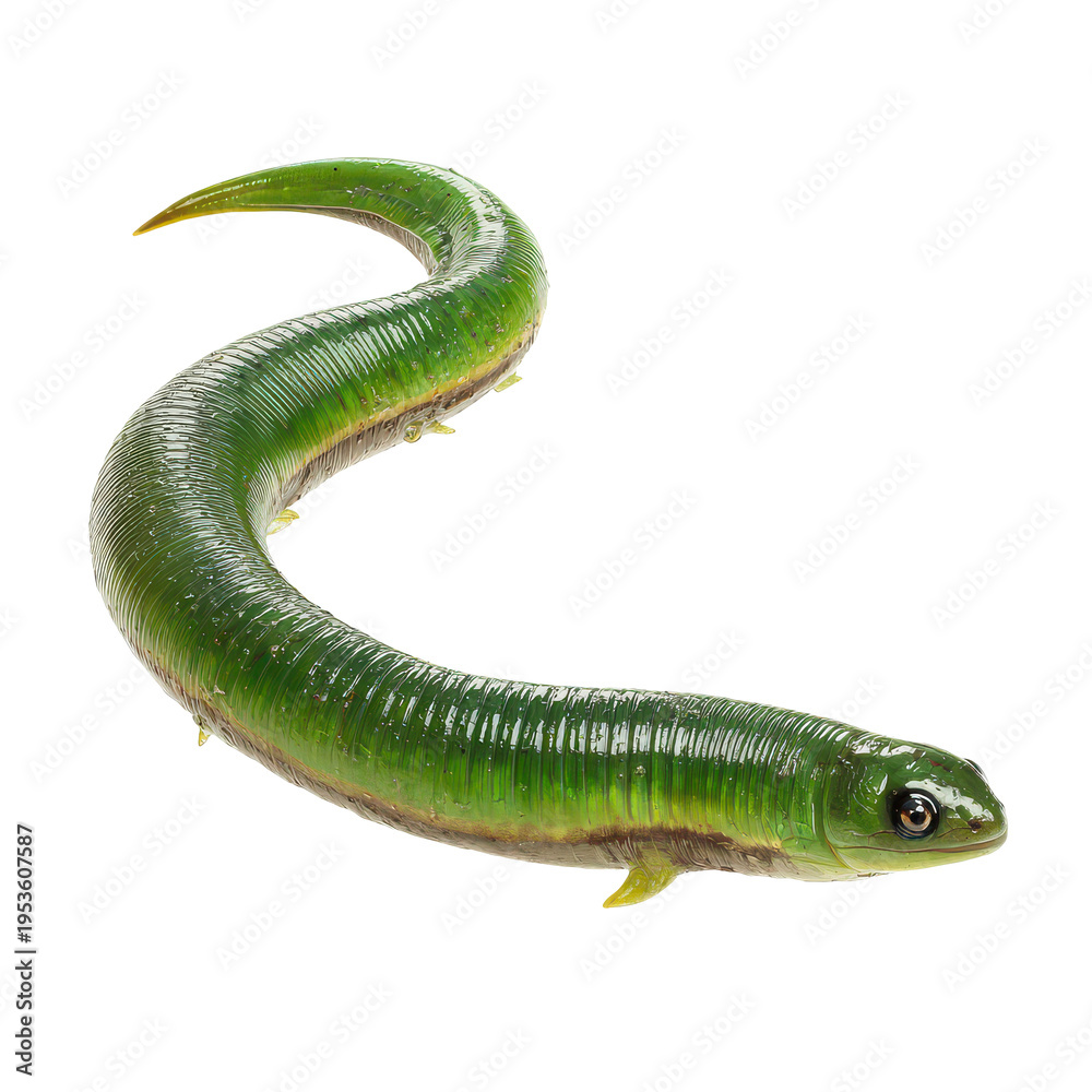 Obraz premium Green eel swimming in water showcasing its long body and smooth texture, captured in a neutral background