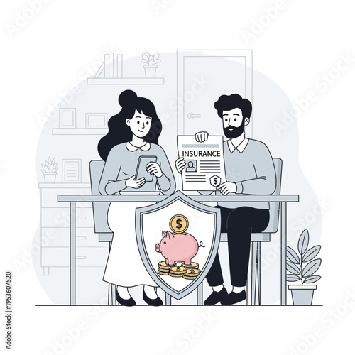 Couple reviewing insurance policy to protect savings and financial future at home