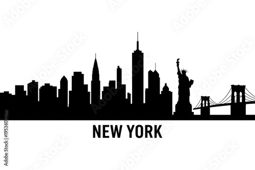 New York City skyline silhouette with Statue of Liberty and Brooklyn Bridge