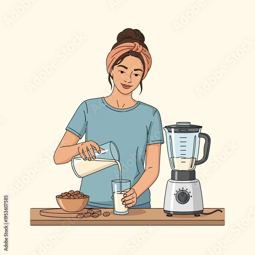 Young woman preparing fresh almond milk by pouring liquid into a glass beside a blender and almonds