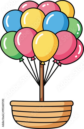 Colorful Cartoon Hot Air Balloon Basket with Multicolored Balloons Isolated on White Background