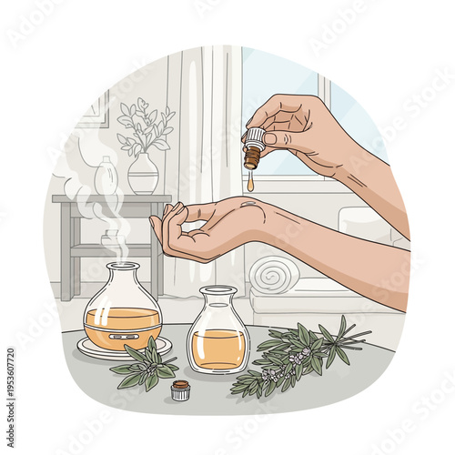 Person applying essential oil to wrist with diffuser and herbs in serene home setting