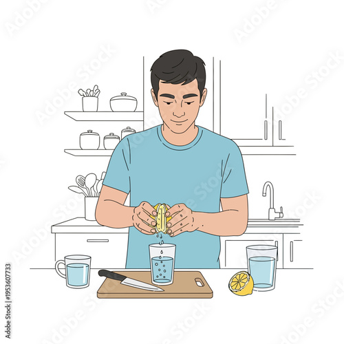 Man preparing a fresh lemon water drink in a kitchen setting, squeezing citrus for a healthy beverage.