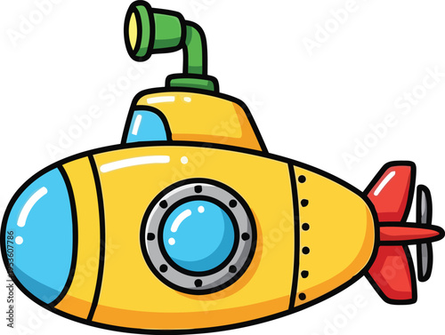 Cartoon yellow submarine illustration with periscope and porthole for kids and educational designs