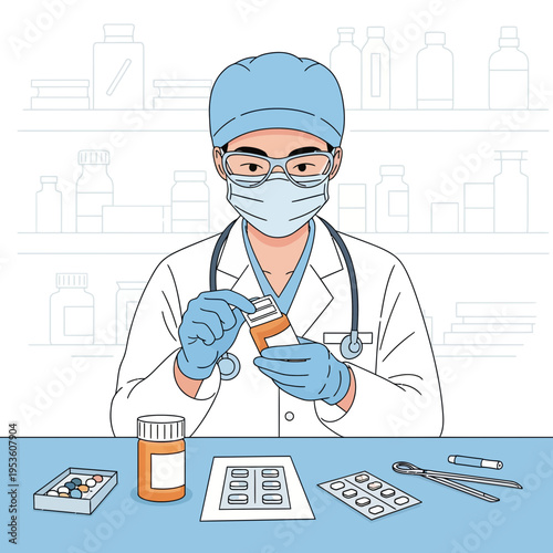 A pharmacy technician wearing a mask and gloves examines a medicine bottle in a pharmacy setting, surrounded by medications and supplies.