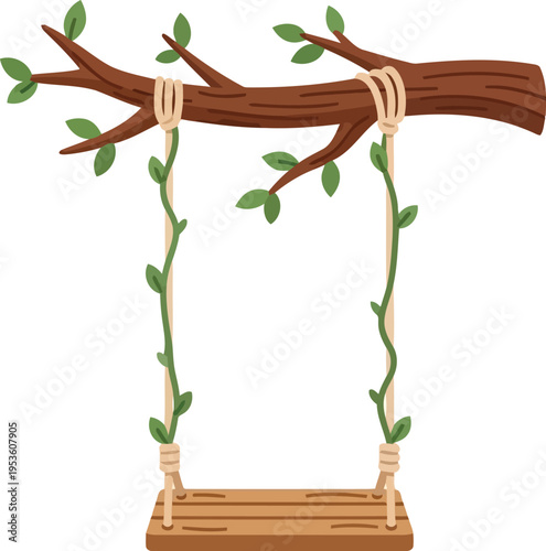 Rustic Wooden Swing Hanging from Tree Branch with Green Leaves Isolated Vector Illustration