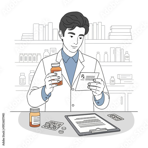 Pharmacist holding medicine bottle and prescription card at pharmacy counter