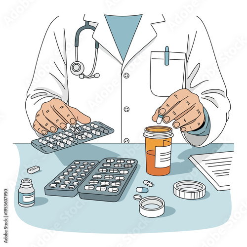Pharmacist counting capsules and organizing medication for prescription fulfillment