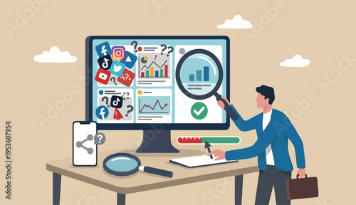 Fake news or false information spreading website and social media, screening verify truth to before sharing believe concept, man magnifying glass verify fake news website computer.