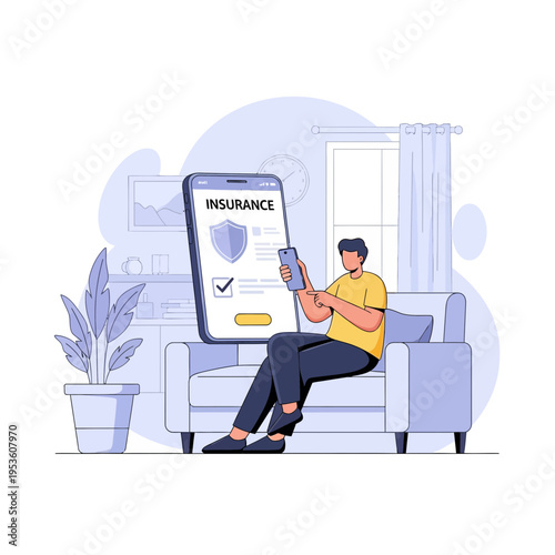 Person using smartphone app for insurance policy on couch at home, digital service for protection