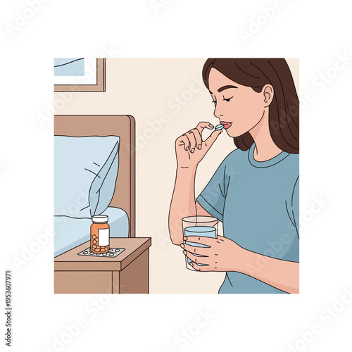 Woman takes her daily medication with a glass of water beside her bed