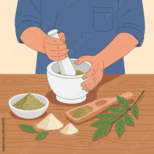 Person skillfully grinding dried herbs with a mortar and pestle on a wooden table, preparing ingredients for cooking