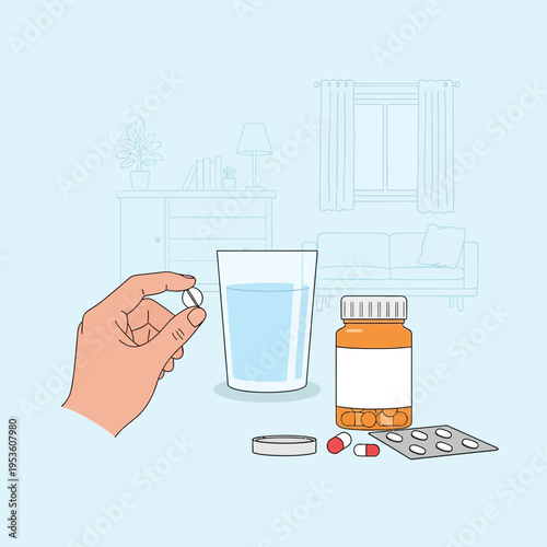 Patient taking medicine pill with a glass of water in a home setting