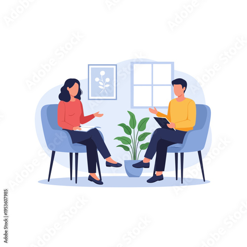 A professional mental health therapy session between a therapist and patient in a calm room