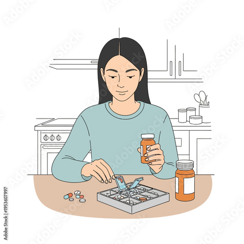 Woman diligently organizing daily medications in a pill organizer at home