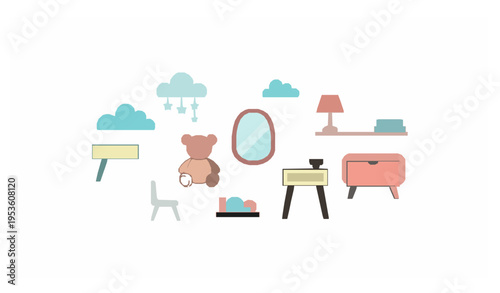Playful kids room with teddy bear clouds and mirror bright cozy nursery vector illustration